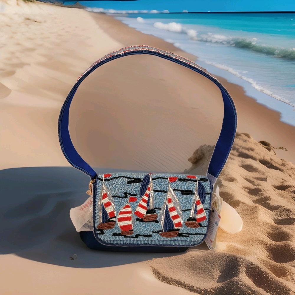 NEW Handcrafted India Beaded Nautical Sailboats Shoulder Bag & Bag Charm Coastal